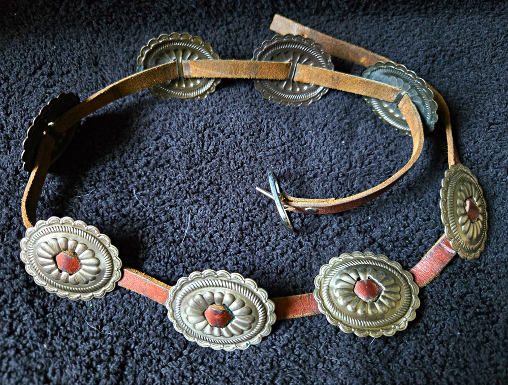 Vintage Mexico Nickel Silver Concho Belt Leather 33"
